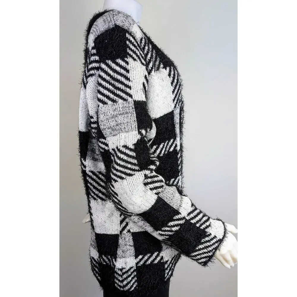 Ashley Stewart Cardigan Sweater 3X Black White Buffalo Check Fuzzy Knit Preppy